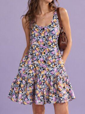 Floral Babydoll Dress Purple Yellow Blue Button Front 90s Small